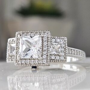 Square Cut Gemstone Ring, 925 Sterling Silver